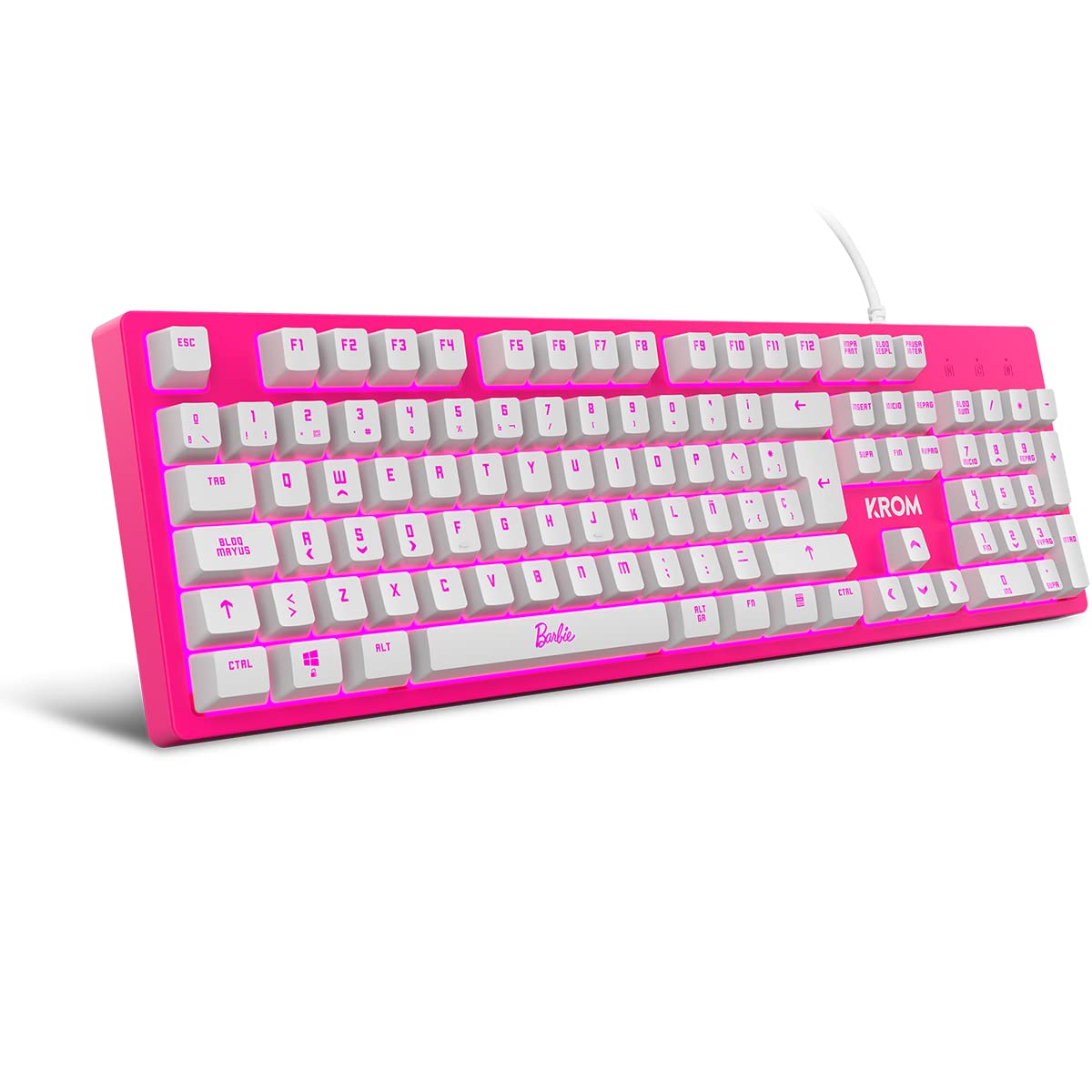 KROM BARBIE KANDY - Clavier à membrane LED blanche, souris capteur optique 6400 dpi, tapis de souris en caoutchouc souple et résistant, disposition française, couleur rose