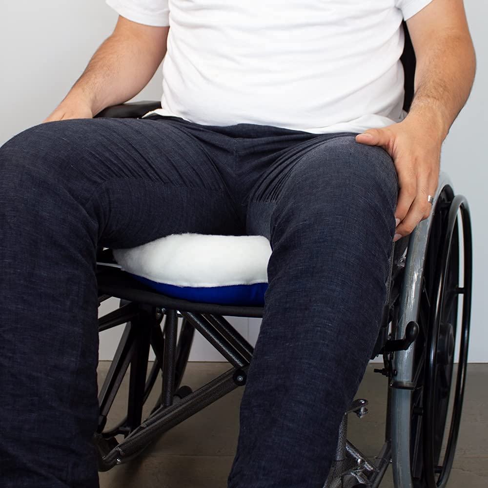 Mobiclinic®, Cojín Antiescaras, Redondo, con Agujero, 44 x 44 cm, Alivio Presión, Prevención de Úlceras por Presión, Funda Impermeable, Postural, Silla de Ruedas, Sofá, Blanco