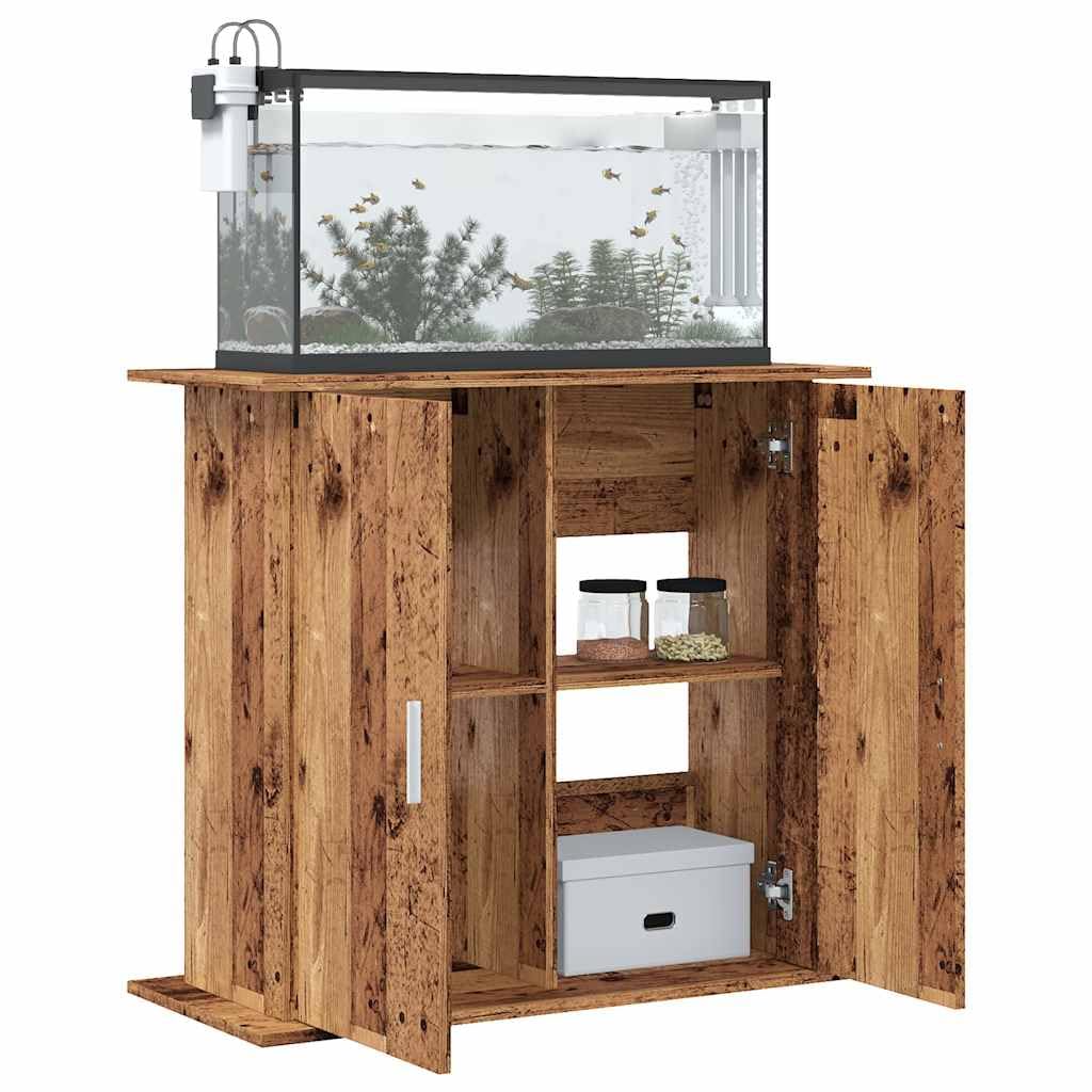 Soporte para acuario, aspecto de madera envejecida, 81 x 36 x 73 cm, con espacio de almacenamiento y estantes, armario inferior estable para estanques de peces y terrarios