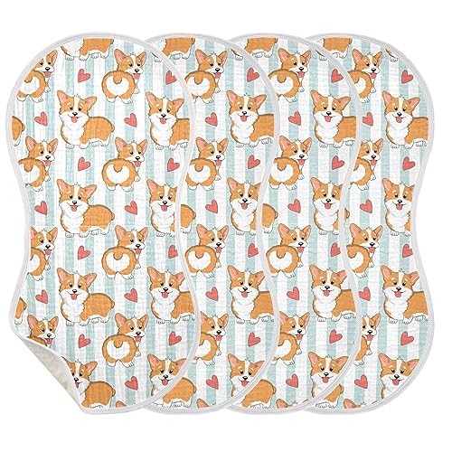 Image of Muslin Baby Burp Cloths, Puppy Corgi Dogs Stripes Muslin Washcloths Baby Rags Comfy Soft Absorbent in for Newborn Boys and Girls 4 Piece 22 x 11 Inch