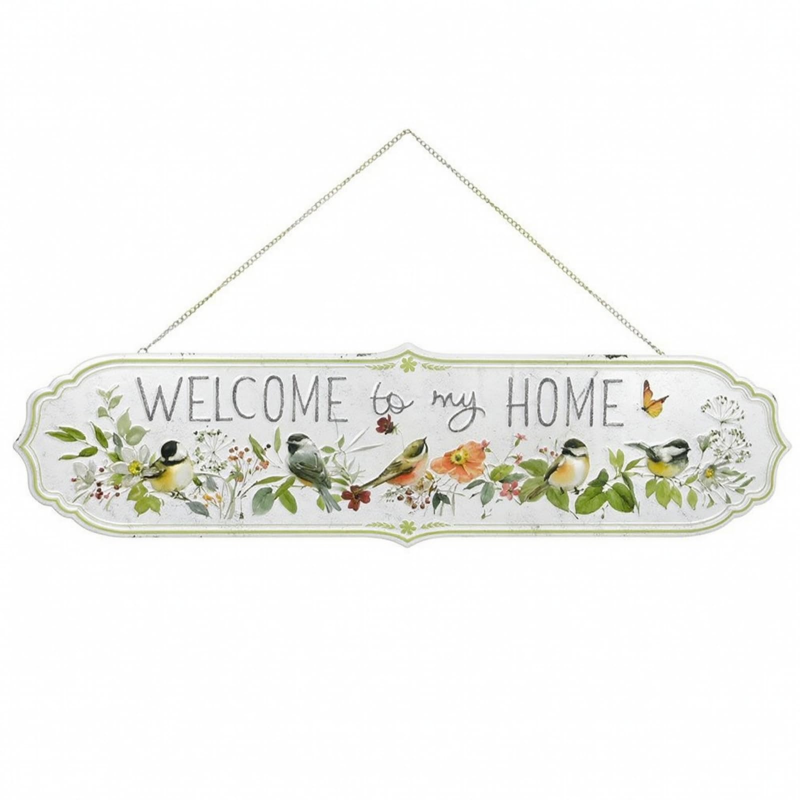 LOVIVER Placa de Bienvenida Exterior Cartel Colgante Letrero Decorativo Placa Metálica Placa Vintage con Cadena Resistente y, 80 21cm, Pájaros, Grande, "WELCOME To My HOME"