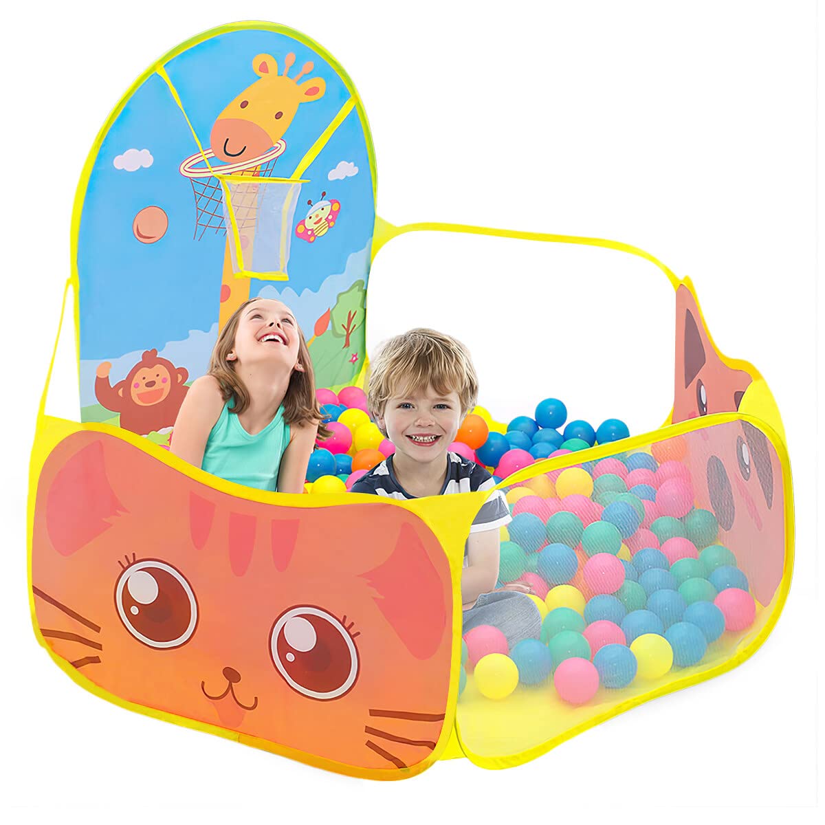 Piscine à Balles Enfant, Ruspela Tente de Jeu Pliable pour Enfants avec Panier de Basket-Ball Jaune Pop Up Intérieur et Extérieur Tente Piscine Balles Pliable 120 x 102 x 74cm