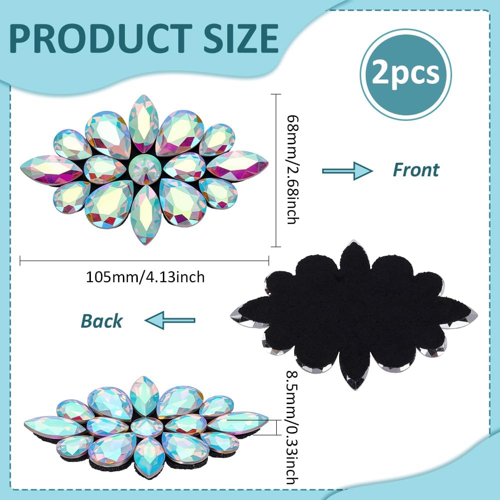 FINGERINSPIRE 2 Pcs Flower Rhinestone Appliques 4.13x2.67inch Crystal AB Color Alloy Glass Rhinestone Sewing Patches Decorations for Wedding Dress Coat Pants Hat Crystal Appliques Garment Accessories