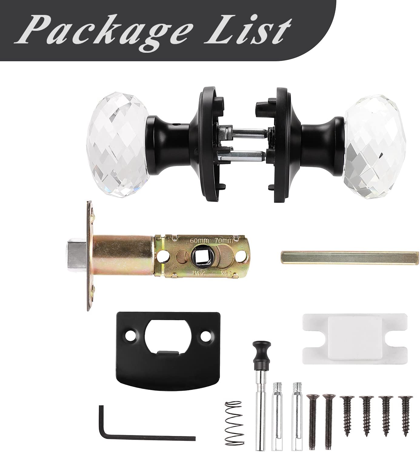 Probrico Privacy Door Knob Interior 1 Pack, Crystal Door Knobs for Bedroom/Bathroom, Heavy Duty Glass Door Knob with Lock and Black Round Rosette