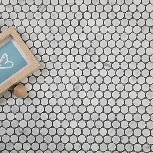Diflart Pack-5 Carrara White Marble Mosaic Tile 3/4" Penny Round Honed For Kitchen Bathroom Wall Floor Tile #TOP3