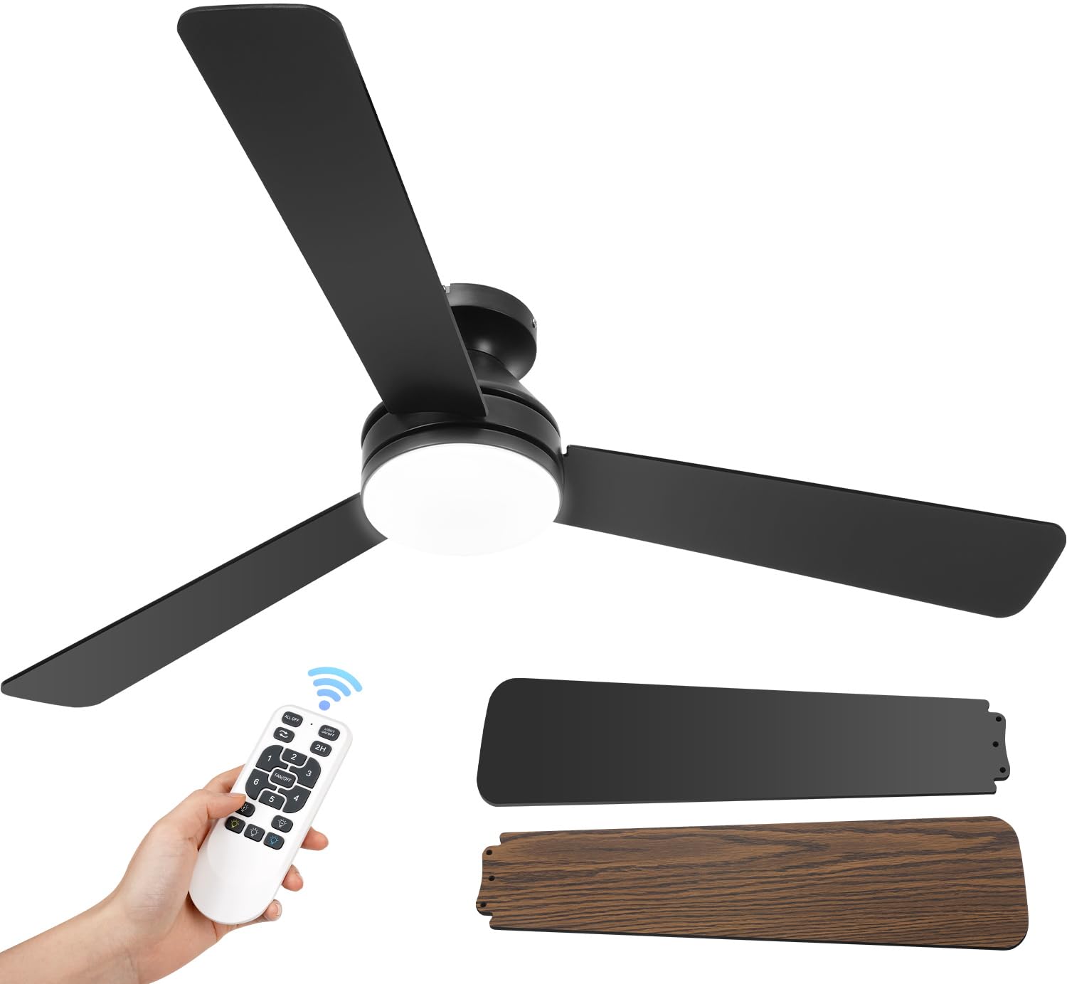 Ceiling Fans with Lights, 52 Inch Low Profile Ceiling Fan with Light and Remote Control,Reversible, LED Dimmable for Bedroom Living Room Indoor/Outdoor Patio Use