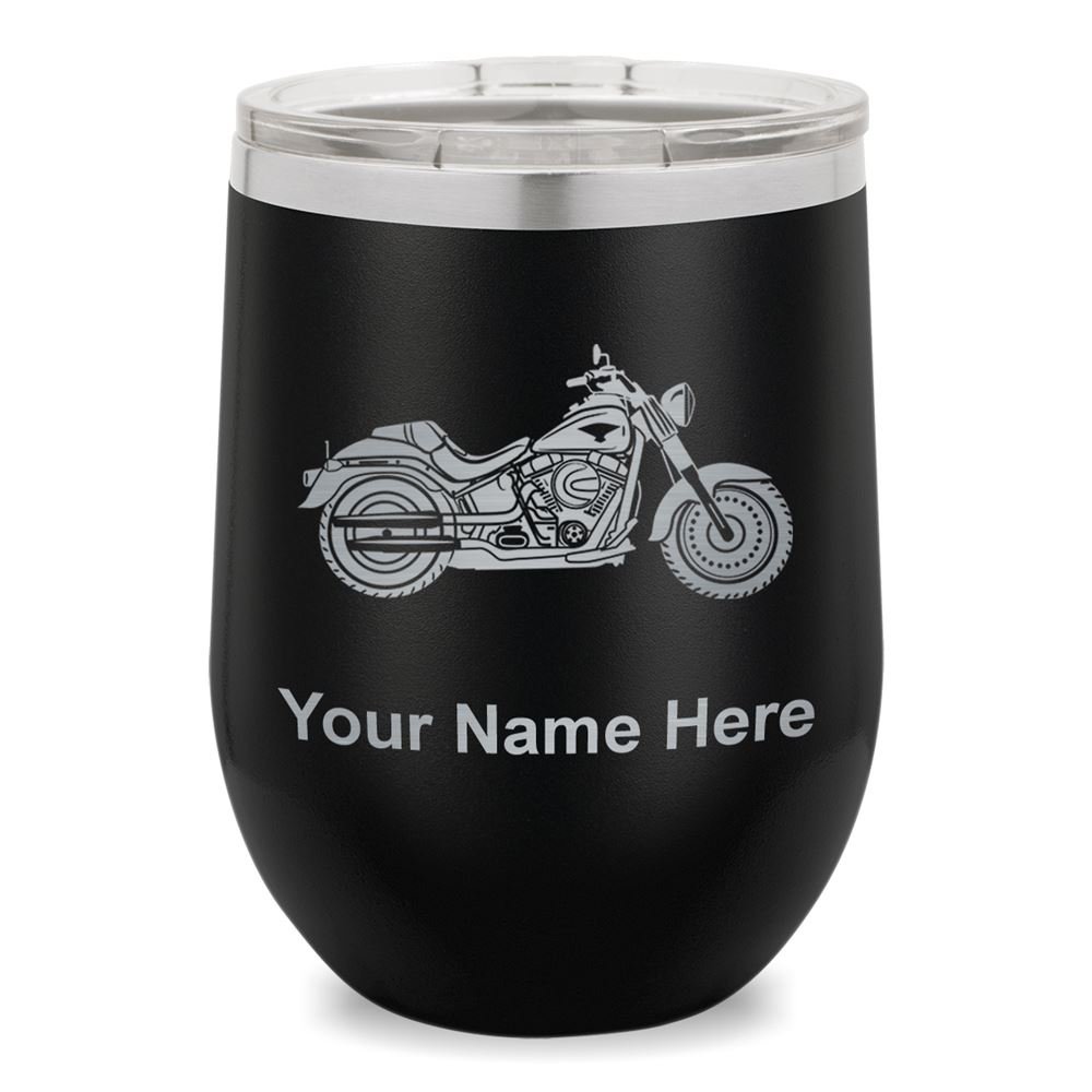 Wine Glass Tumbler, Motorcycle, Personalized Engraving Included (Black)