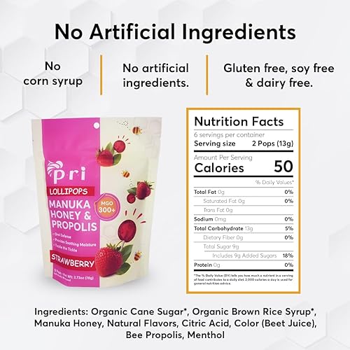 Miniatura 2 de P.R.I Paletas de miel de Manuka con propóleo, certificado MGO 300+ - Calmante para la garganta, sabor a fresa, (24 paletas, 5.46 onzas)