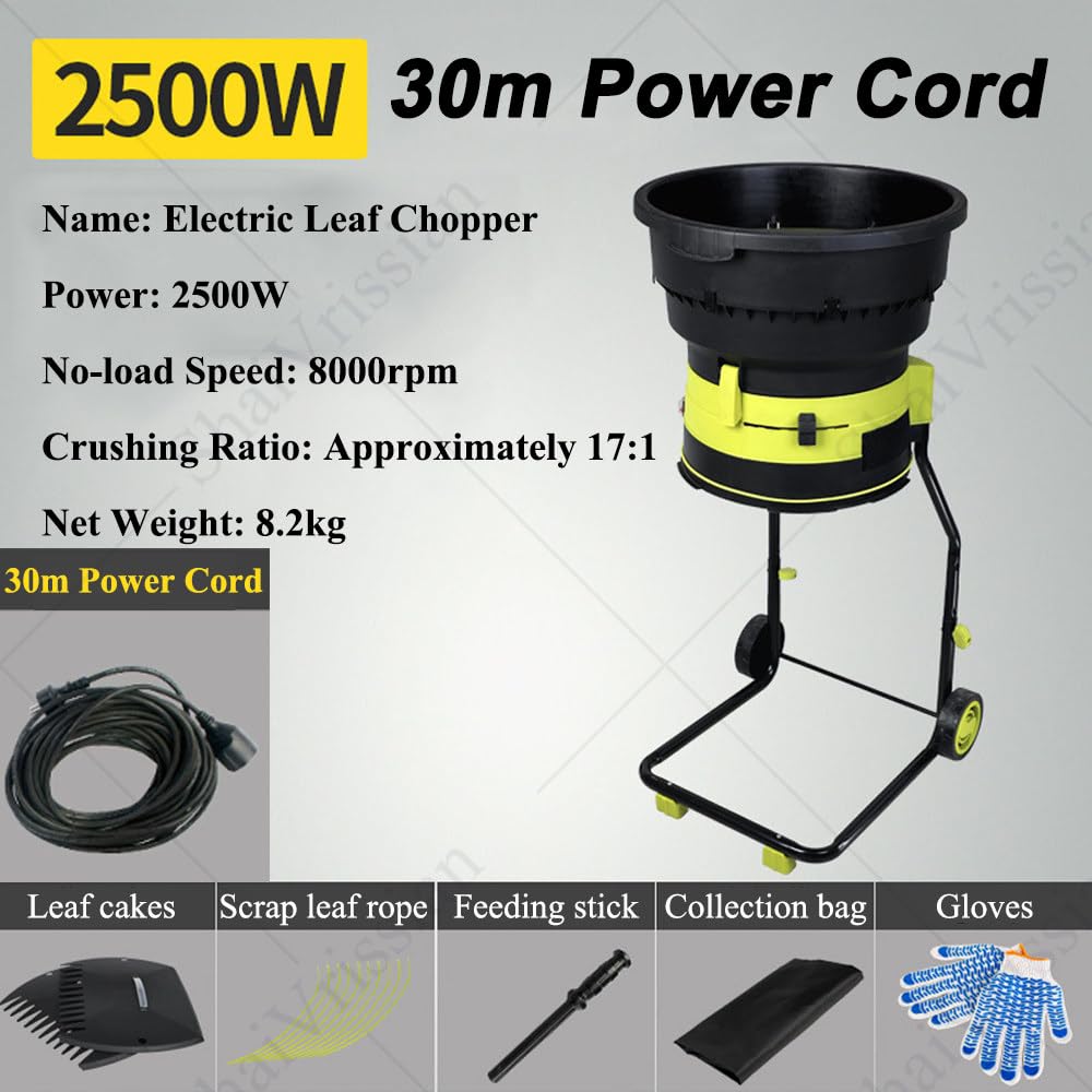 Trituradora eléctrica de hojas, trituradora de jardín de 2500 W, motor de 8000 rpm, relación de reducción 17:1, esfera de control ajustable, ruedas y bolsa de almacenamiento para compostaje y limpieza