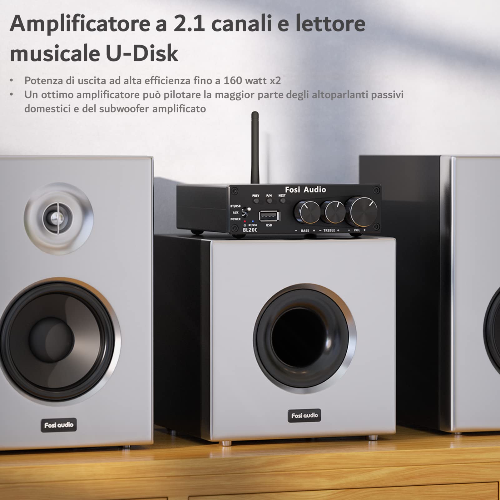 Fosi Audio BL20C Amplificatore Ricevitore con Bluetooth 160W X2, Audio Stereo 5.0, Lettore U-Disk con Amplificatore ad Alta Risoluzione a 2.1 Canali, Altoparlanti Passivi e Subwoofer Attivo