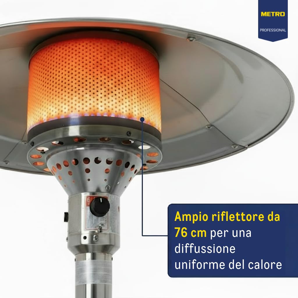 METRO Professional Fungo riscaldante per esterno, acciaio inox, bruciatore ecologico, 76x76x218 cm, da 19 a 50h di funzionamento, accensione elettrica, rotelle, regolatore e tubo flessibile inclusi