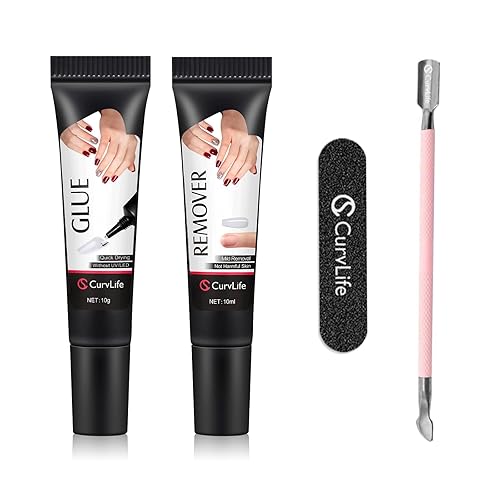 Curvlife Soft Quick Drying 10g Semi Solid Nail Glue with 10ml Remover with Cuticle Pusher Nail Art for Press On Nails Tips No Need for UV Lamp Long Lasting - A02