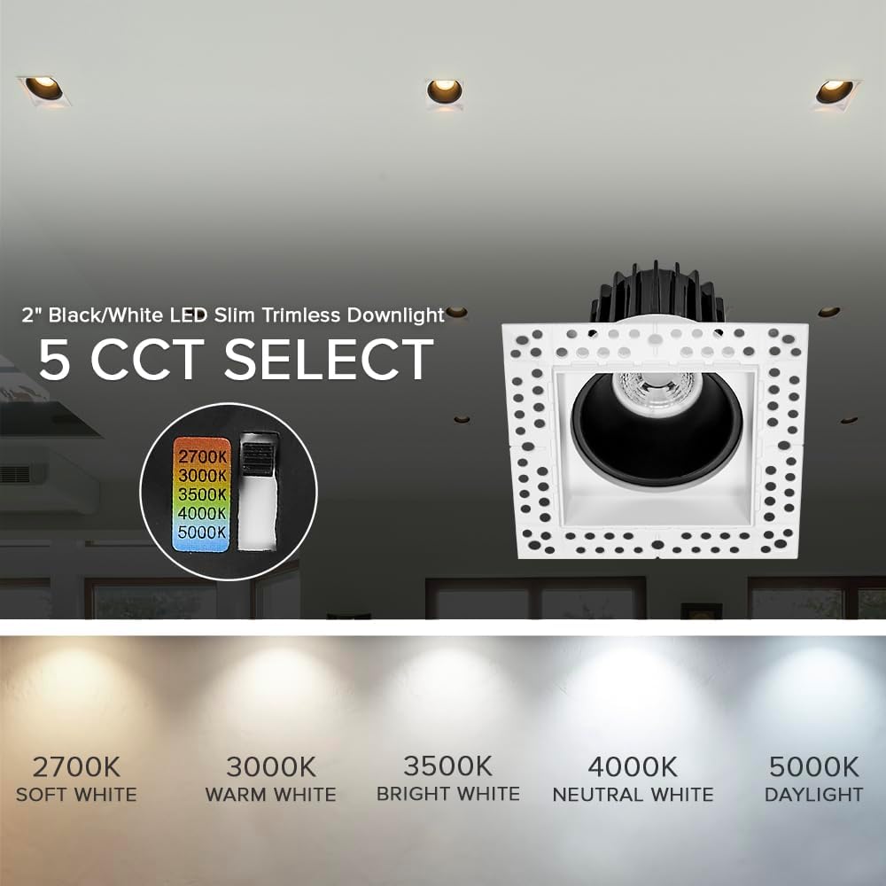 Maxxima 2” Trimless Ultra-Thin Square Recessed Anti-Glare LED Downlight, Canless, 600 Lumens 5 Color Temperature Selectable 2700K/3000K/3500K/4000K/5000K, White Recess Black Baffle, Dimmable, 90 CRI