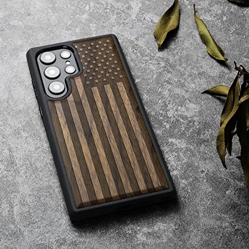 Image of Carveit Wood Case for Galaxy S23 Ultra, (The Classic American Flag-Walnut) | Samsung Galaxy S23 Ultra Cover, Unique Wooden Design, Engraved Wood with TPU Shockproof Bumper, Wireless Charging Compatible