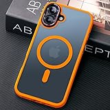 JUESHITUO iPhone 16用 ケース 1Xスクリーンプロテクター付き、[MagSafe用に仕立てられた] [ミルグレードの耐衝撃防御] 一体型レンズ保護付き 半透明シルキータッチ スマホケース iPhone 16用、オレンジ