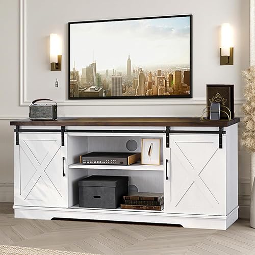 Miniatura 4 de IDEALHOUSE Soporte de TV de granja, centro de entretenimiento para consola multimedia de TV de 65 pulgadas, soporte de TV blanco con puerta de