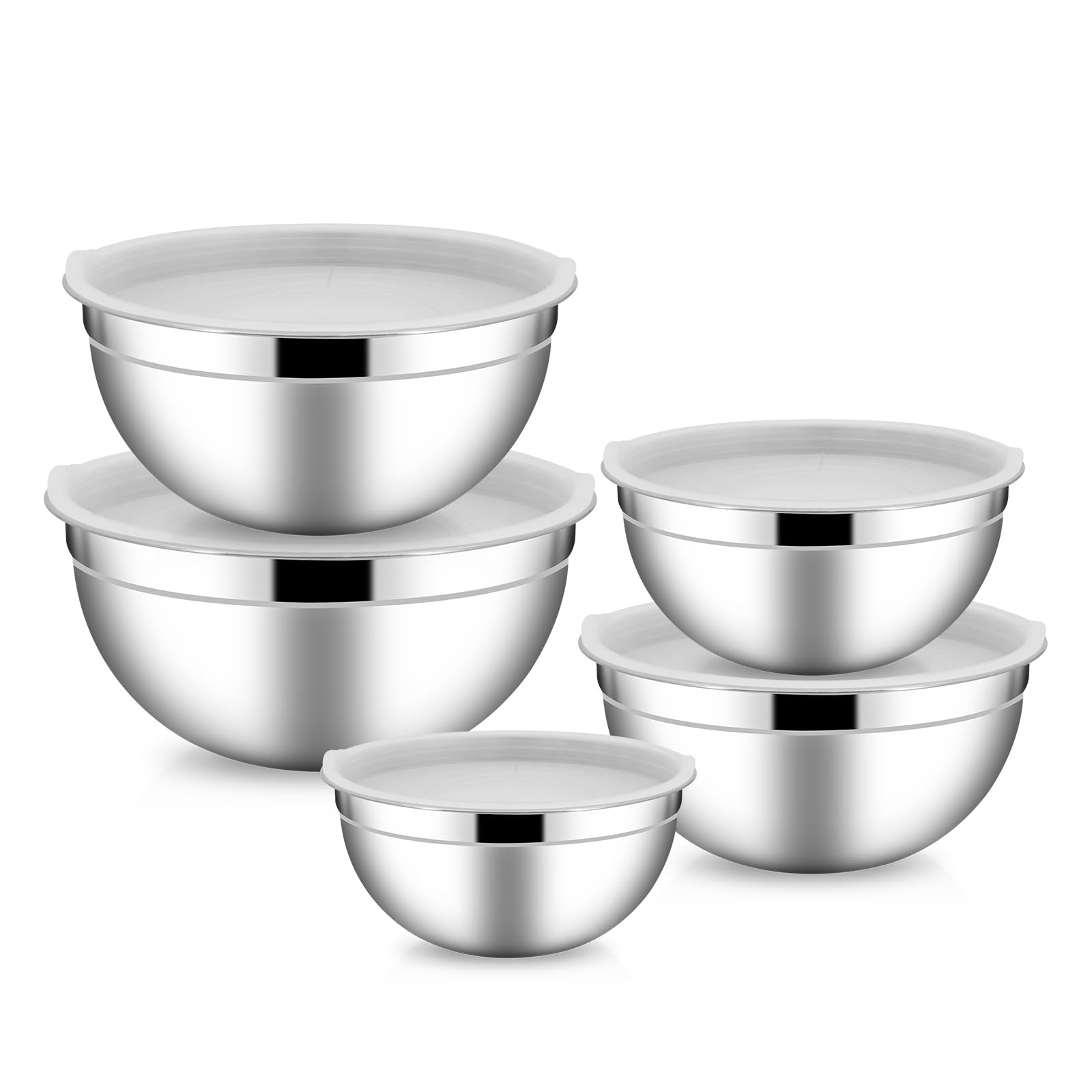 Tazoni per mescolare con coperchio, ciotole per mescolare con coperchio, set di 5 insalatiere in acciaio inox, ciotole di metallo per cucinare, preparare, servire (trasparente)
