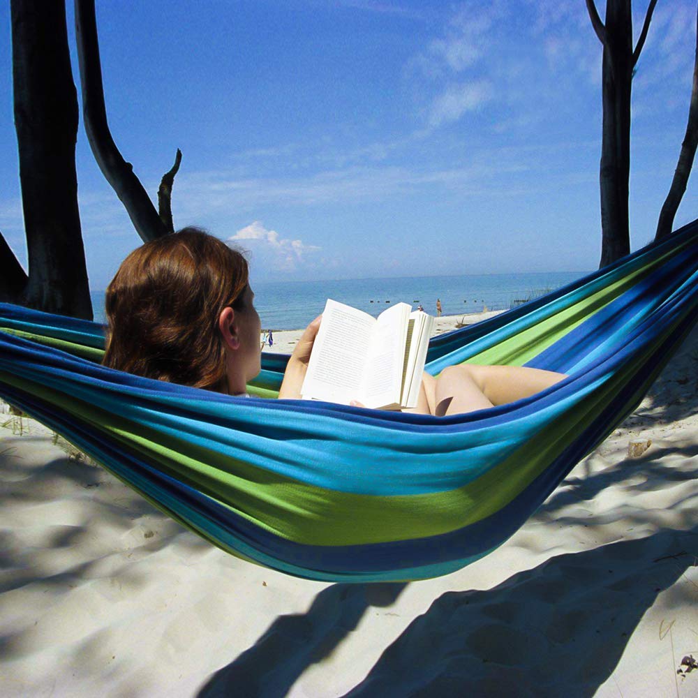 Hamacas Dobles, Hamacas Colgantes Jardin al Aire Libre Cama Portátil de Lona con Cuerdas para Acampar Capacidad de 300kg, para Jardín Patio Trasero Playa Mochileros,280 x 150 cm,Azul