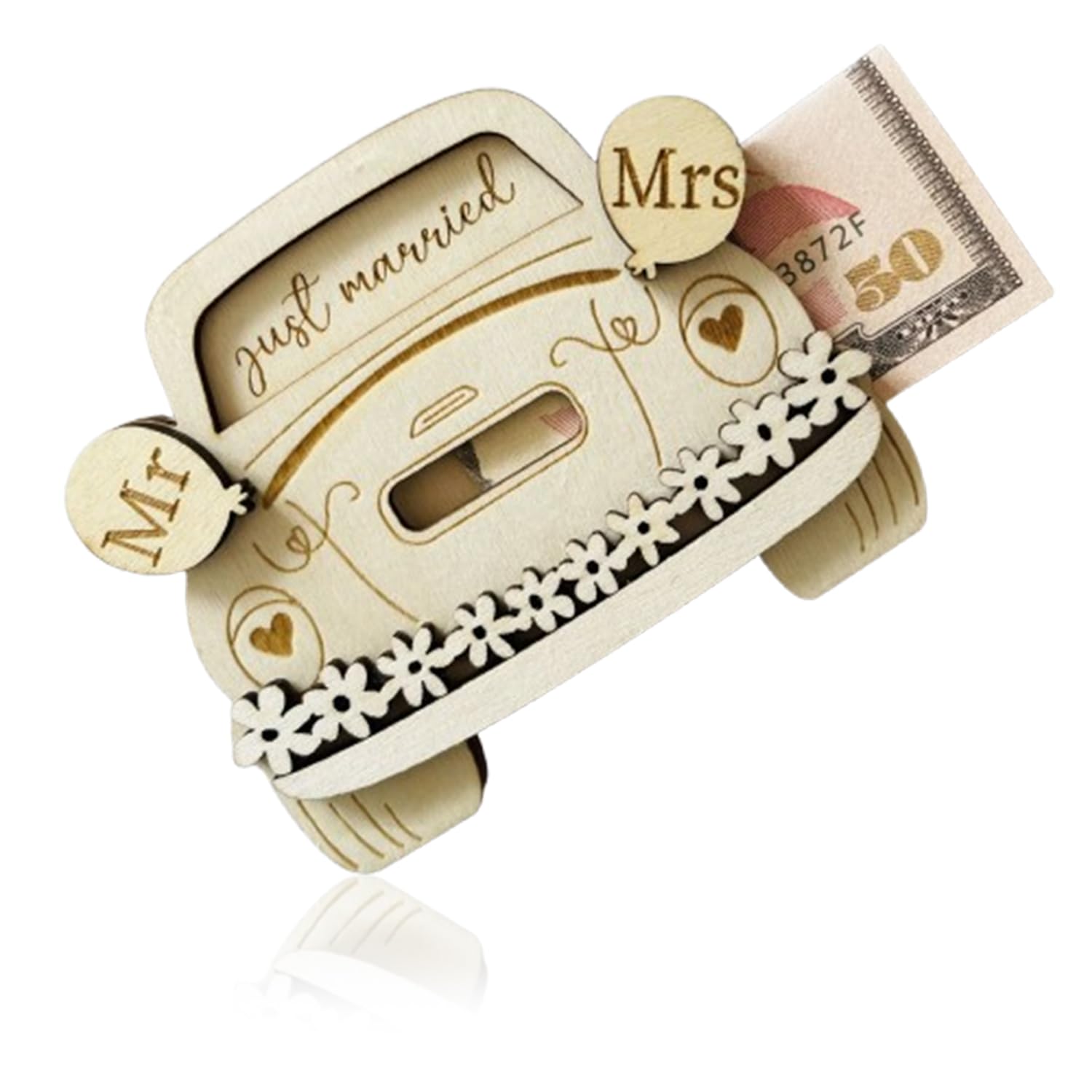 Wooden Wedding Money Gift Wallet His Her, Personalised Wedding Surprise Gifts for Mr Mrs, Handmade Car Shaped Cash Holder Just Married for Bride and Groom, Friends, Family