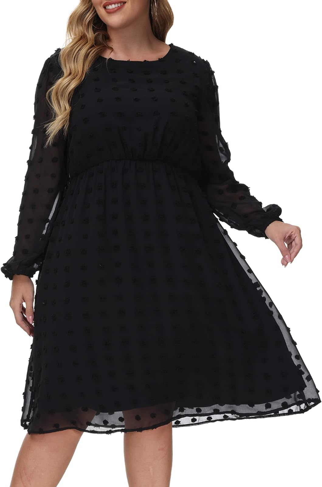 Womens Dot Chiffon Dress Plus Size Elegant Midi Casual Party Long Lantern Sleeve Dresses