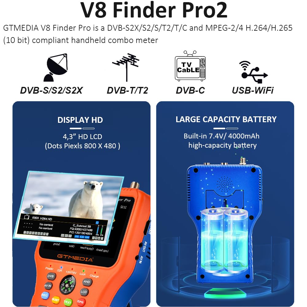 GTMEDIA V8 Finder Pro testeur de champ TNT et satellite Combo DVB-S2X / S2 / T2 / ATSC-C MPEG-2/4 H.264 / H.265 (10 bit) Calcul automatique des angles Localisateur Mesureur satellite