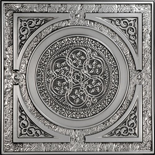 From Plain To Beautiful In Hours 225 Steampunk PVC 2' x 2' Lay-in or Glue-up Ceiling Tile, Antique Silver, Pack of 25