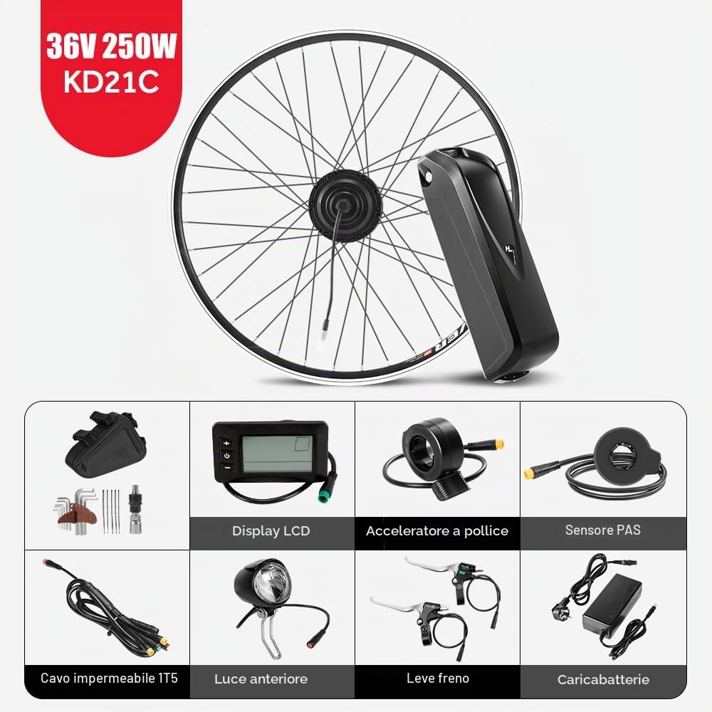 Season 26/28 Pollici 700c Kit Conversione Bici Elettrica 250W Motore Anteriore 36V-13Ah 15.6Ah 18Ah Ebike Batteria con Controller Integrato et caricatore