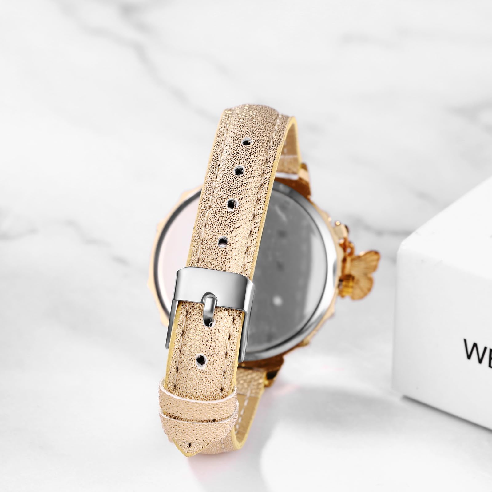 JewelryWe Zegarki damskie skórzane motyle – 6 sztuk eleganckich boho, motyli, stras, zegarek na rękę, analogowy zegarek kwarcowy z 6 kolorami skórzanej bransoletki, 6 szt.