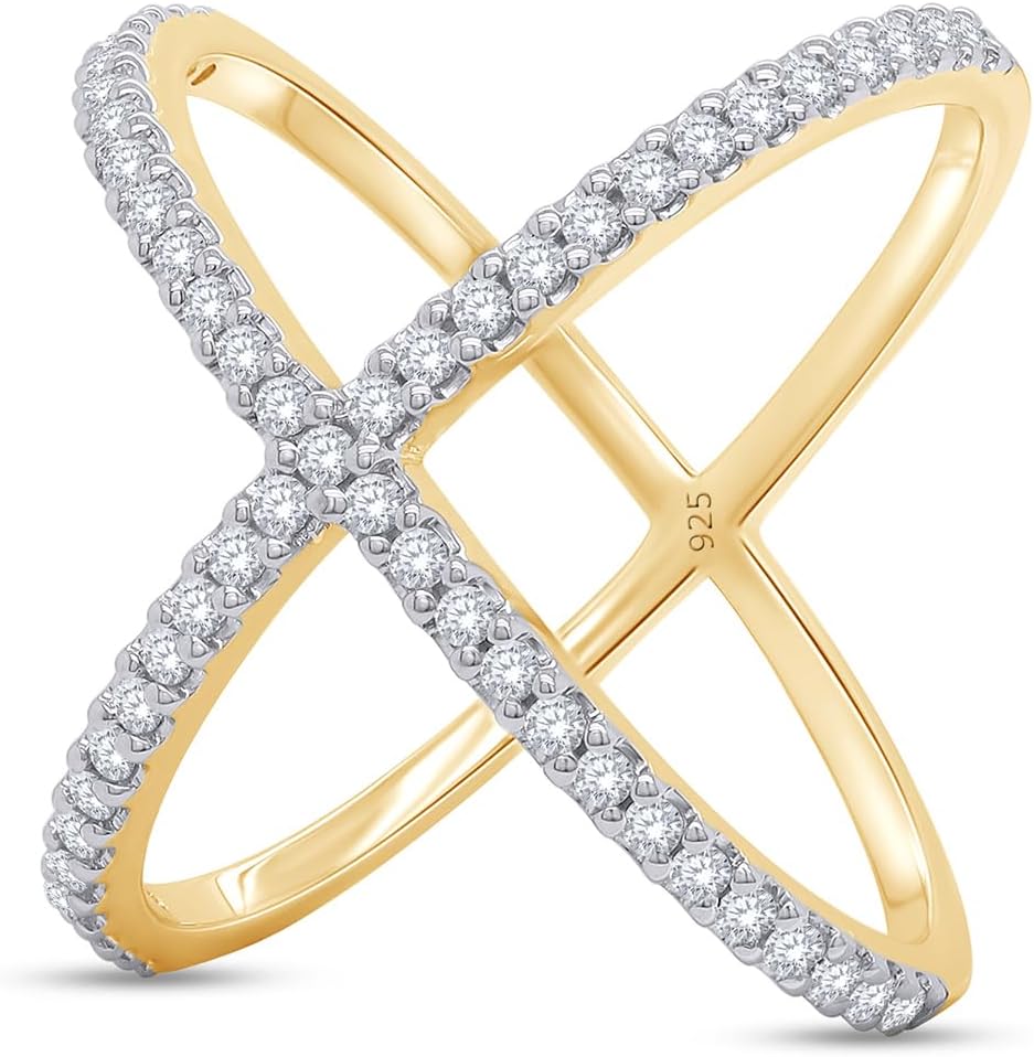AFFY Round Shape White Cubic Zirconia Criss Cross X Ring in 14k Gold Over Sterling Silver