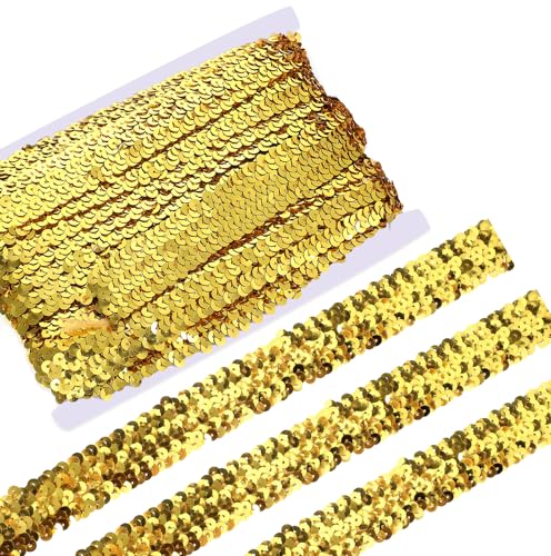 Gold Sequins Ribbon Elastic Sequins Trim 3 Row Flat Sequin Strip Glitter Bling Metallic Stretch Gold Trim for Sewing Paillette Fabric Ribbon Band for DIY Crafts Dress Embellish(14.3Yard x 1.18Inch)