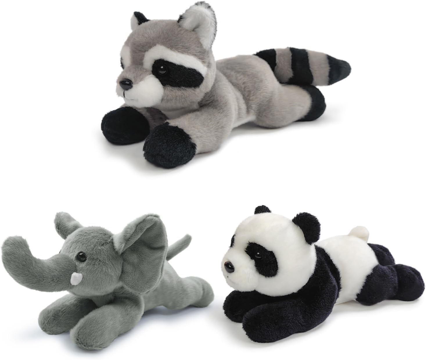 3 PCS Small Stuffed Animal for Kids Boys 8 Inch Woodland Plush Toys Realistic Jungle Animal Plush Toys Set Cute Raccoon, Elephant, Panda Stuffed Toys Gifts for ToddlersGirls Boys Birthday Easter