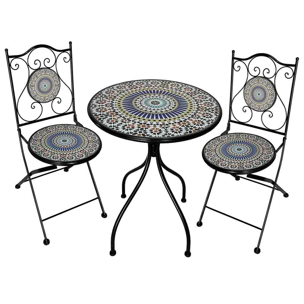 WANDERLUST DECO Conjunto de Jardín Mesa y 2 Sillas de Mosaico Naranja y Forja Negra, Set Bistró para Terraza o Exterior, Mesa Ø60 cm con Sillas Decorativas, Mobiliario Exterior Elegante