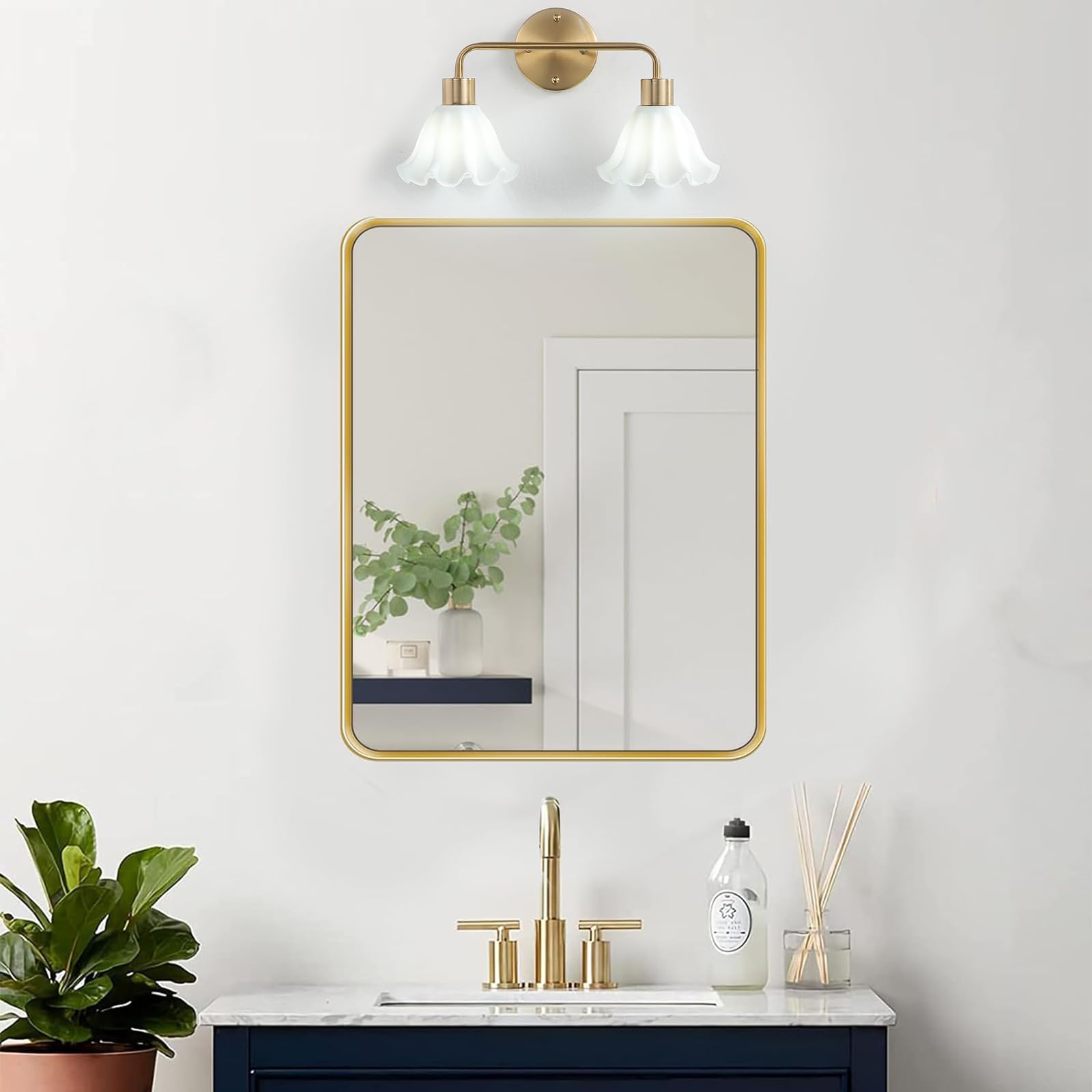 vivihobb 2 Light Gold Brass Bathroom Light Fixture,Brush Gold Vanity Lighting Over Mirror,Cute Milk White Glass Flower Lampshade,E26 Socket(Bulbs Not Included)