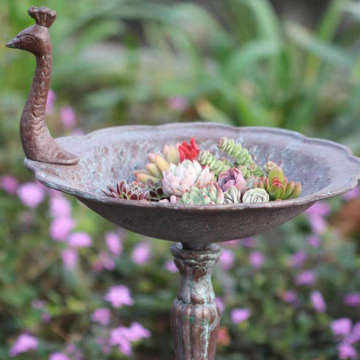 TentHome - Comedero y Bebedero para Pájaros en Forma de Pavo Real, Hierro Fundido, para Baño de Pájaros, Jardín Exterior, Marrón Envejecido