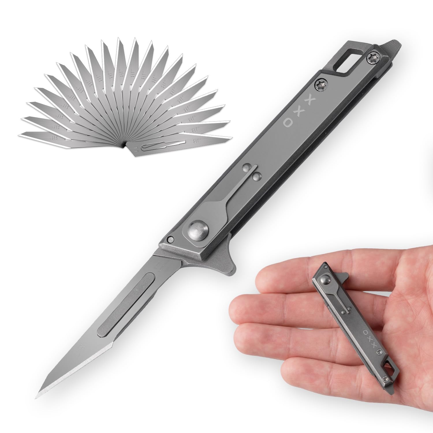 cckk Folding Knife Stainless Steel EDC Outdoor Unpacking Pocket Knife With 20pcs #11 Replaceable Blades, 2.6 inches Grey Stainless Steel Handle Accessory card fetching function