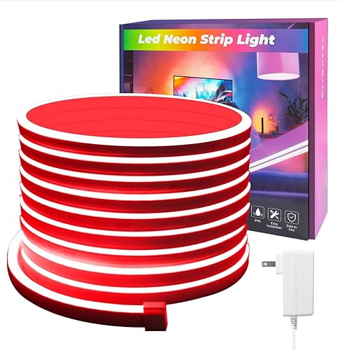 Tira de luces LED de neón rojas, luces LED de 16.4 pies para dormitorio, tira de neón de silicona de 12 V, impermeable, flexible, cuerda de luz de