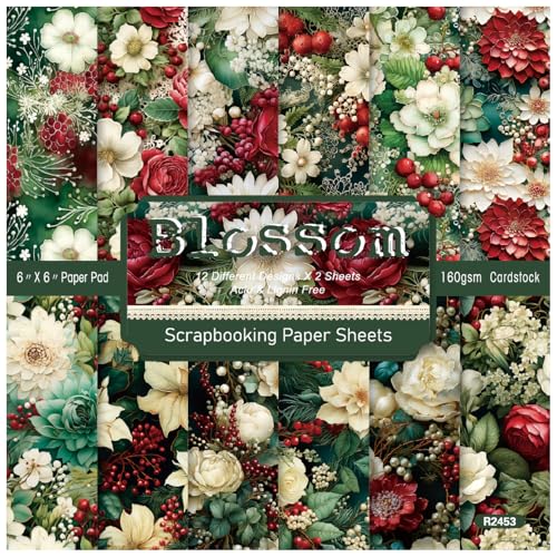 papel scrapbook,accesorios scrapbook, Paquete de 48 hojas de papel con estampados florales de una sola cara, de 6' x 6', for Navidad, for hacer tarjetas y fondos de álbumes de fotos