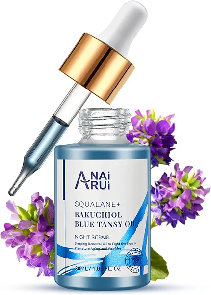 ANAI RUI Bakuchiol Blue Tansy Night-Repair Facial Oil Natural Retinol Alternative + Squalane Jojoba, for Deep Wrinkles & Fine Lines Soothing,Calm & Soothe Redness,Hydrating, Balancing, 1 FL.