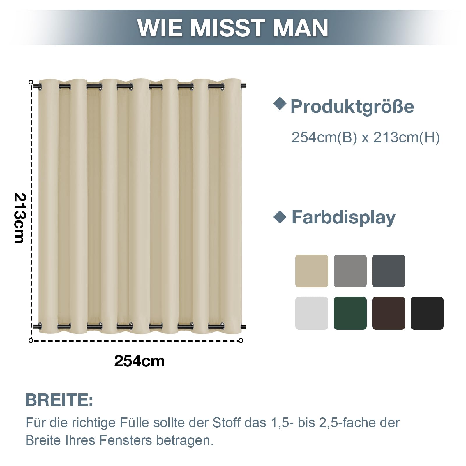Vorhang Outdoor Wetterfest B254xH274CM, Wasserdicht Outdoorvorhänge mit Ösen, Aussen Gardinen Winddicht Sonnenschutz Sichtschutz für Garten Terrasse Balkon Pergola Pavillon (Beige)