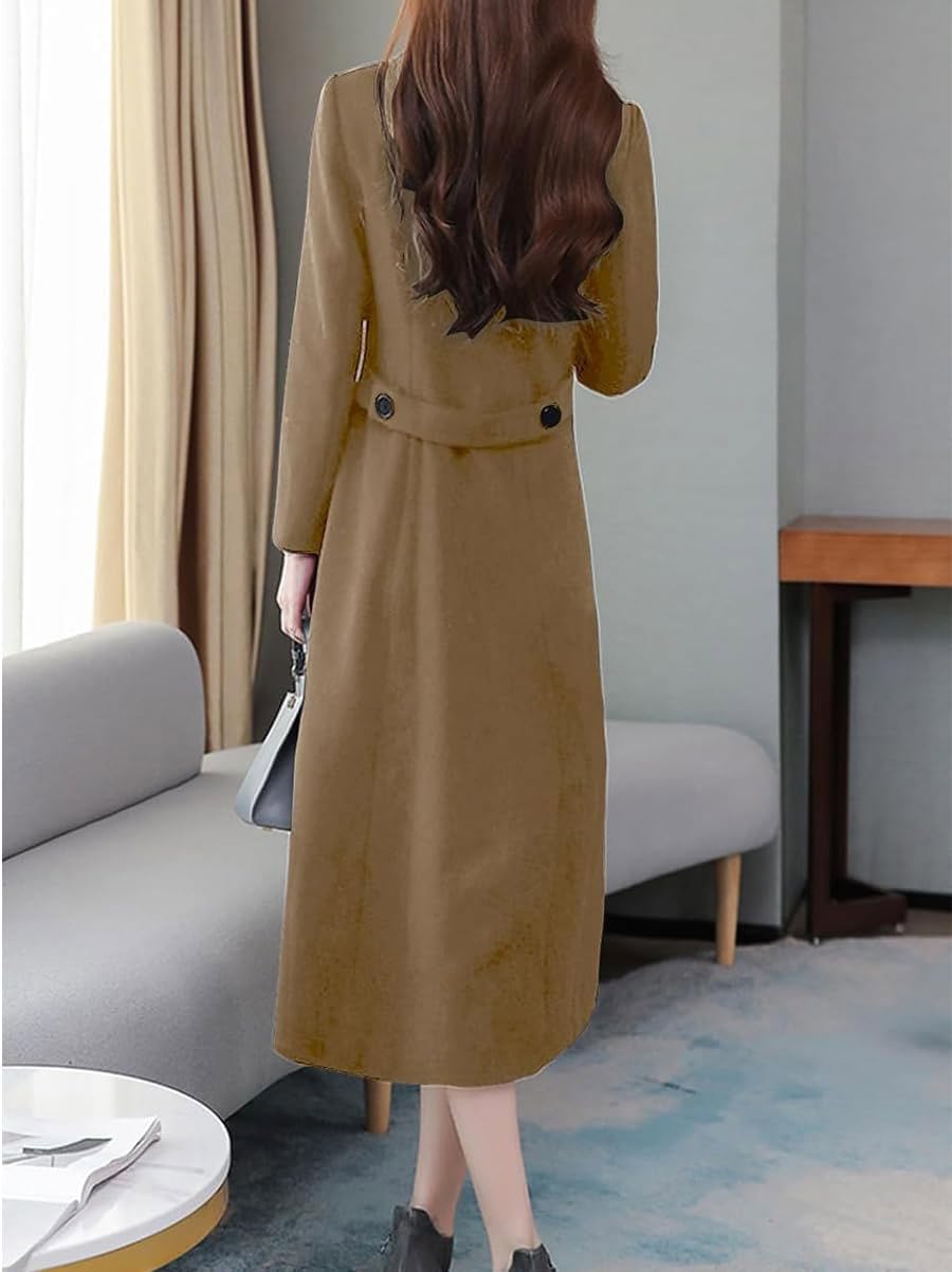 ebossy Women's Shawl Collar Double Breasted Below Knee Slim Wool Trench Long Coat (M, Dark Camel) - Image 4