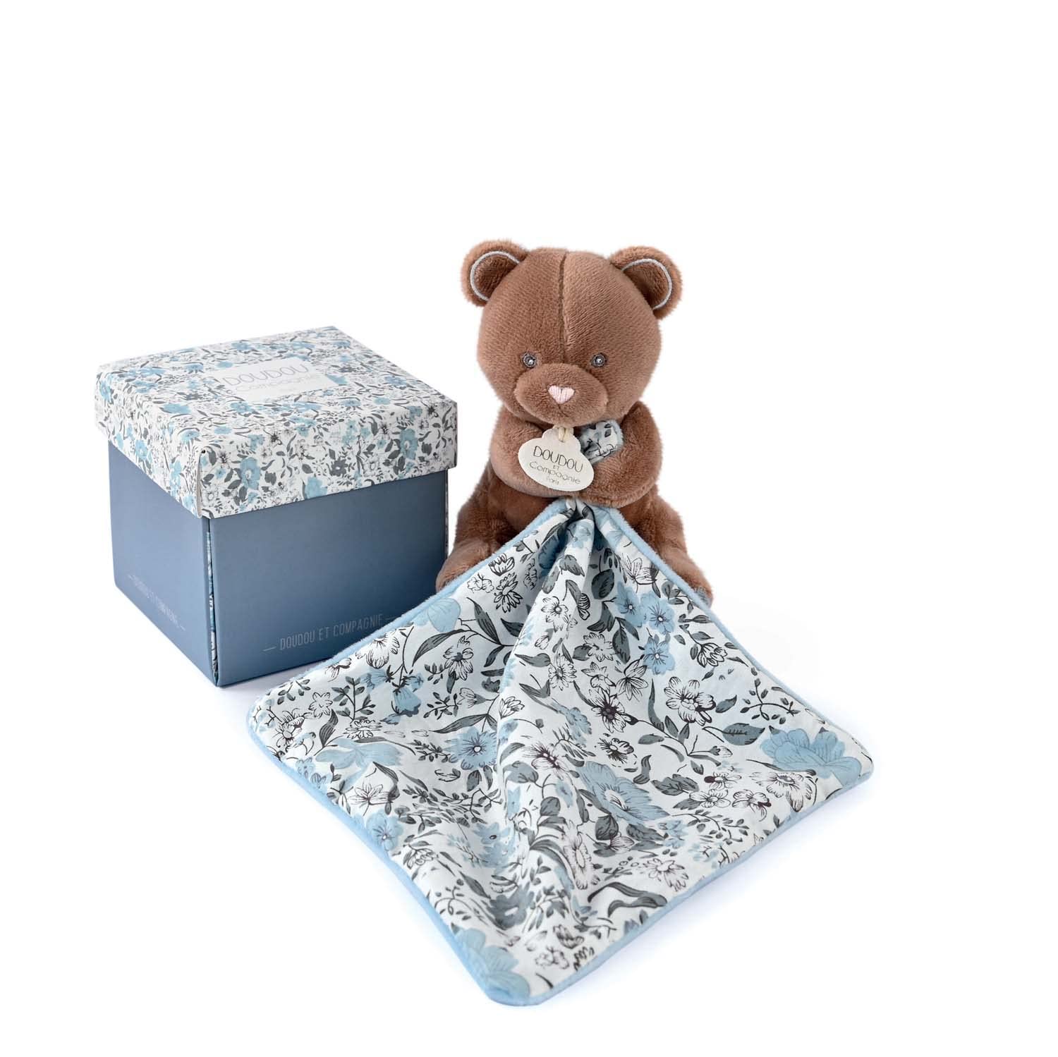 Doudou et Compagnie Vice Versa DC4019 Brown Bear Plush Toy 12cm with Cuddly Toy Boh'aime Collection, from Birth, Beautiful Gift Box with Flower, Includes Cuddly Toy, Baby Gift Idea