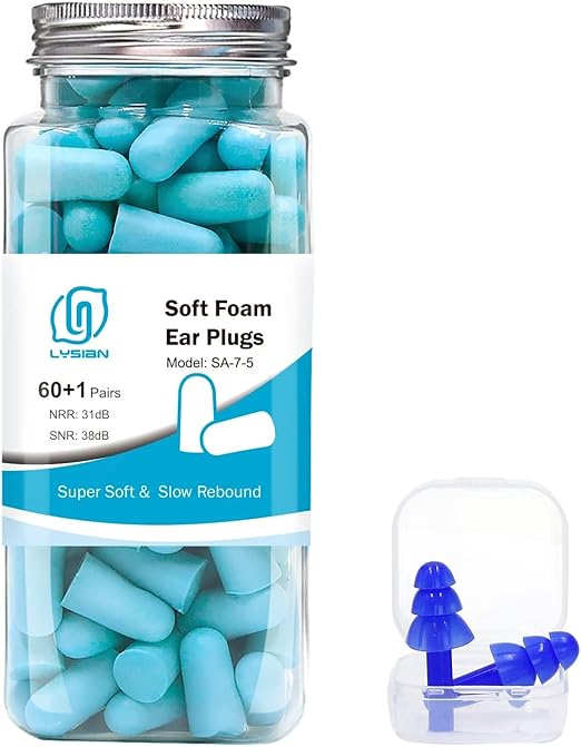 LYSIAN Ultra Soft Foam Earplugs Sleep, Noise Cancelling Ear Plugs for Sleeping, Shooting,Travel and Work-38dB SNR 31dB NRR Sound Blocking-60 Pairs Pack (Lake Blue)
