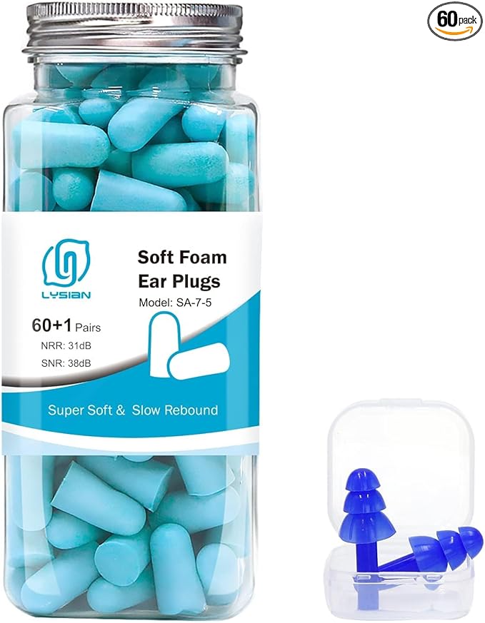 LYSIAN Ultra Soft Foam Earplugs Sleep, Noise Cancelling Ear Plugs for Sleeping, Shooting,Travel and Work-38dB SNR 31dB NRR Sound Blocking-60 Pairs Pack (Lake Blue)