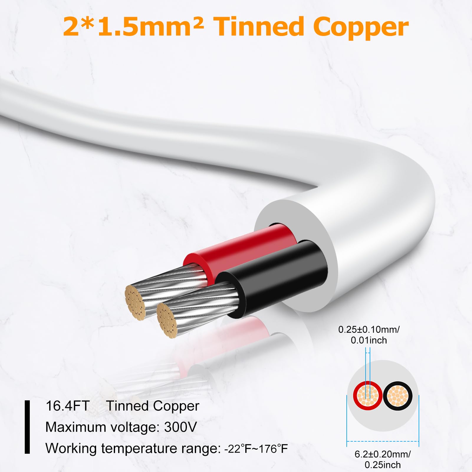 inShareplus 16AWG 2x1.5mm² 5 Meter Electrical Wire 2 Core Cable, 5V/12V/24V White Tinned Copper Wires - Image 3