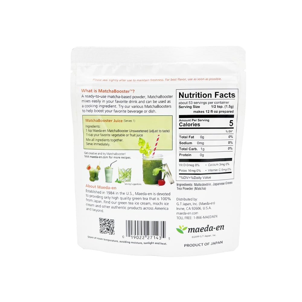 MAEDA-EN Matcha Booster Unsweetened Green Tea Powder 80g Japanese Origin Resealable Pouch for Latte Smoothies and Baking 27143 — view 2