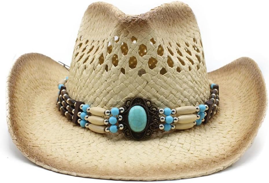 Western Straw Cowboy Hat with Turquoise Beaded Band, Pink Ombre Trim, Ventilated Design