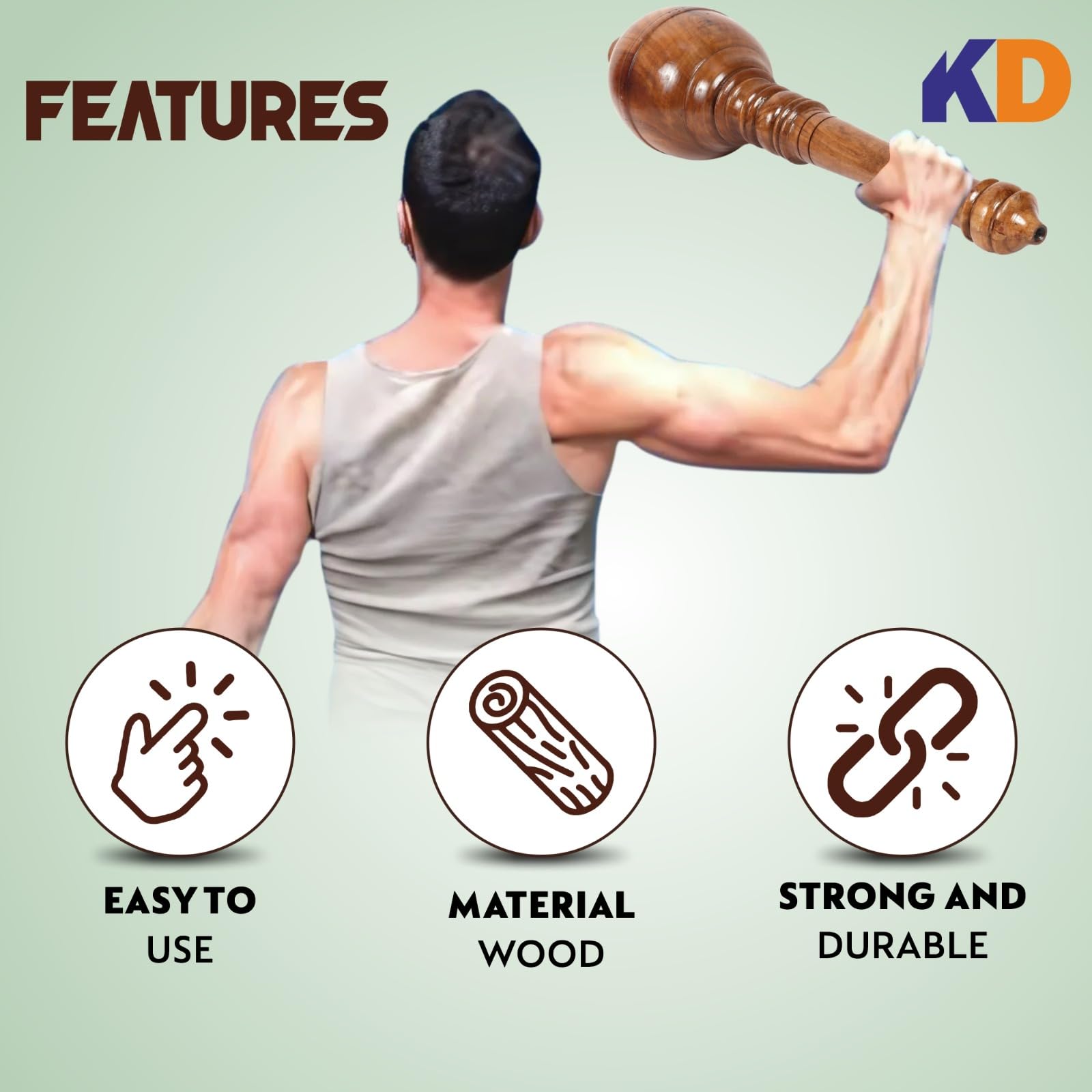 KD Willmax Gada Fitness Bar Indian Club Hanuman - Attrezzatura da spalla in legno resistente (da 4 a 5 kg)