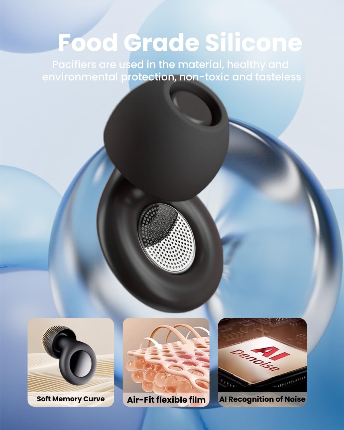 Tappi per le orecchie per dormire con cancellazione del rumore 48 dB, tappi per le orecchie riutilizzabili impermeabili in silicone con tecnologia AIRFeeling, include 8 tappi per le orecchie