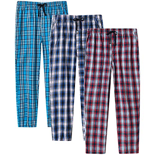 MoFiz Hombre Pantalón de Pijama Largo Casual Patalones a Cuadros de Algodón con Bolsillos 3 Pack-C XL