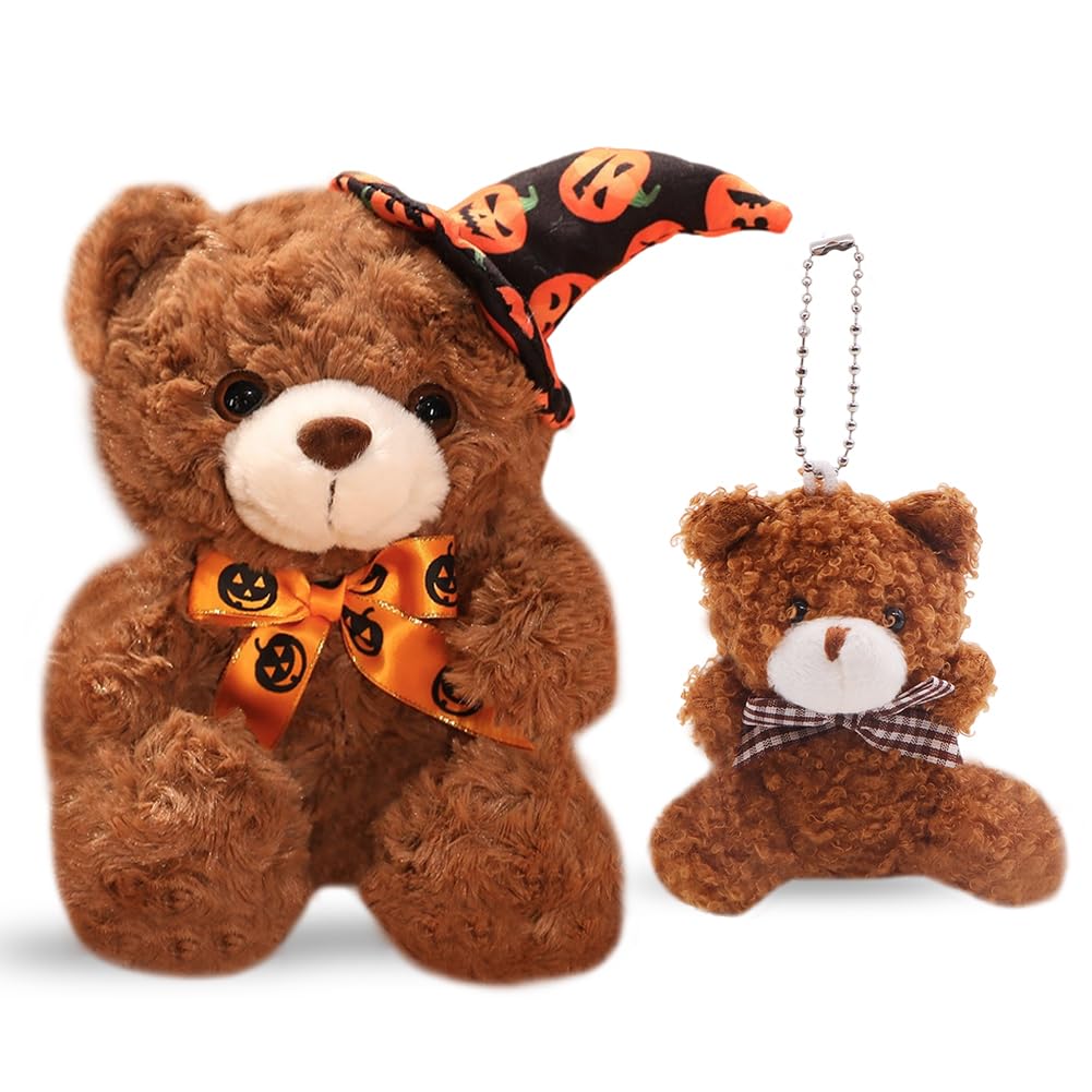 CLKDPNO Halloween Stuffed Animal Plush Teddy Bear Doll 23cm Cute Brown Halloween Plushie Soft Toy for Kids Pumpkin Bear Plush and 8cm Bow Bears Keychain for Children's Day
